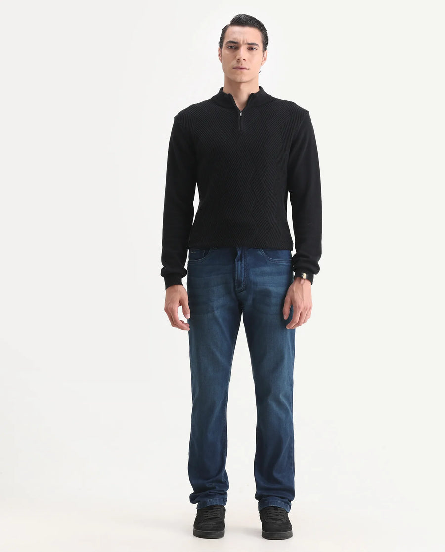 Rare Rabbit Men's Felix-M Dark Blue Cotton Blend Fabric Morris Regular Fit Plain Jeans