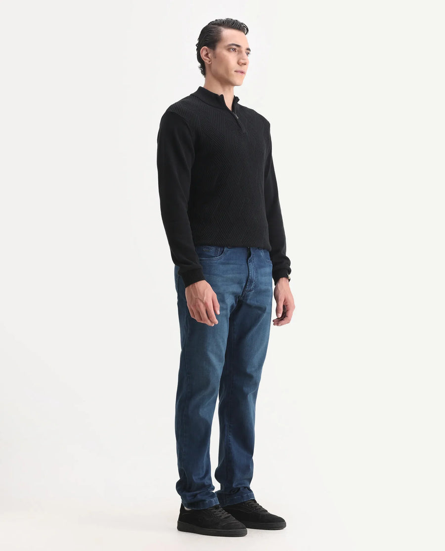 Rare Rabbit Men's Felix-M Dark Blue Cotton Blend Fabric Morris Regular Fit Plain Jeans