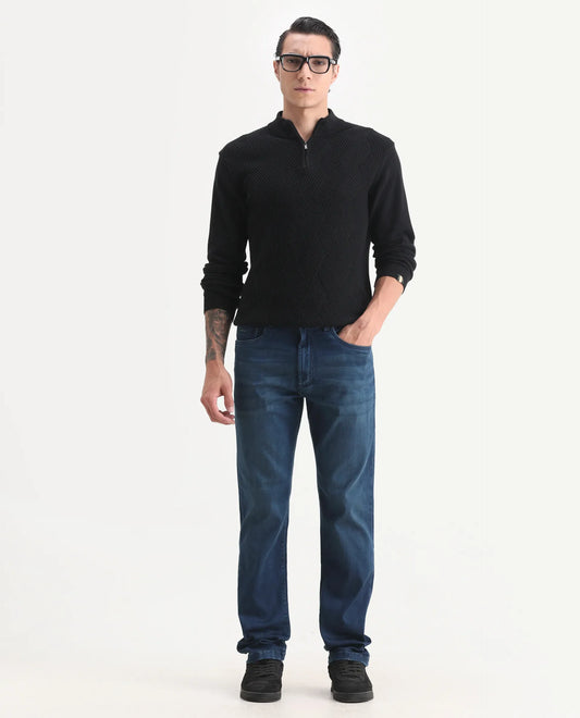Rare Rabbit Men's Felix-M Dark Blue Cotton Blend Fabric Morris Regular Fit Plain Jeans