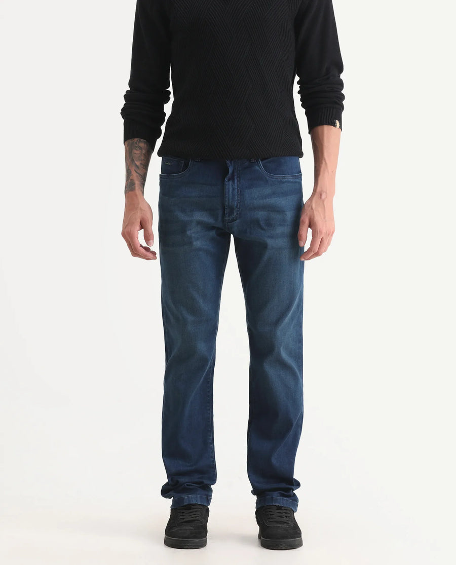 Rare Rabbit Men's Felix-M Dark Blue Cotton Blend Fabric Morris Regular Fit Plain Jeans