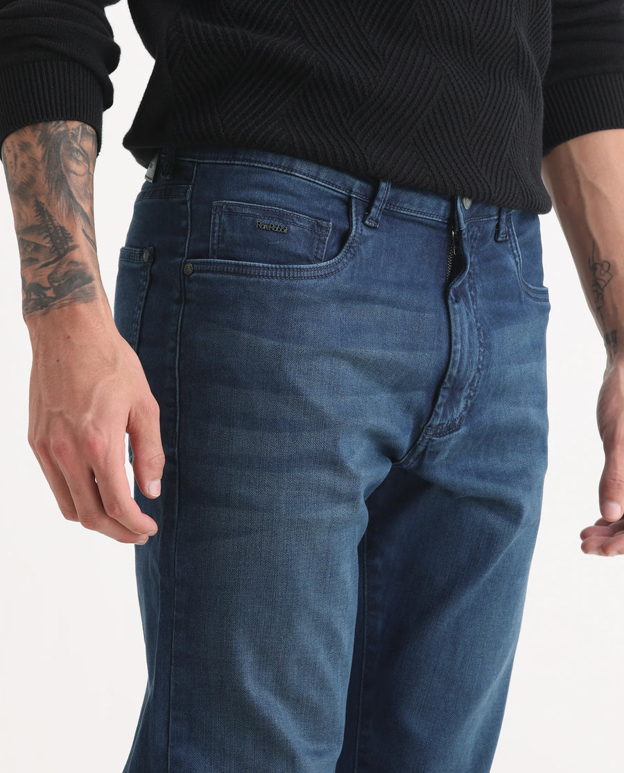 Rare Rabbit Men's Felix-M Dark Blue Cotton Blend Fabric Morris Regular Fit Plain Jeans