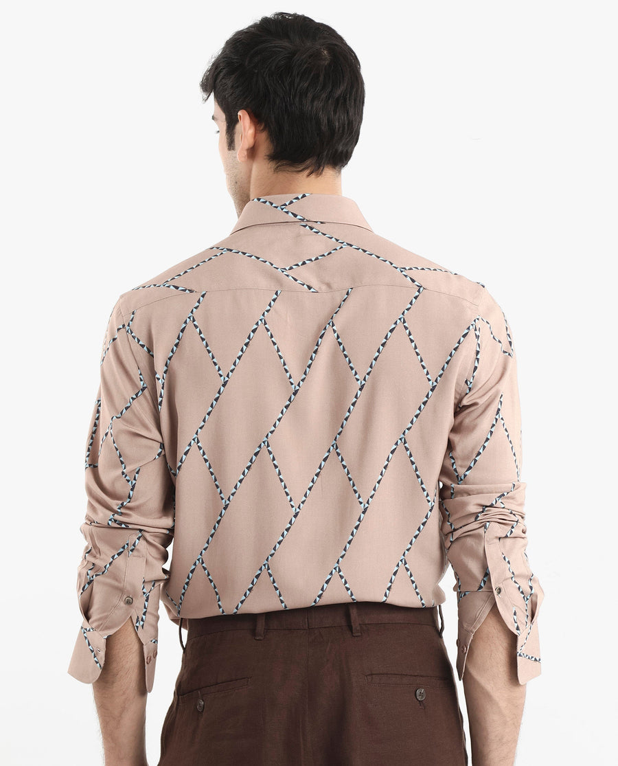 Rare Rabbit Men's Fenney Ls Brown Viscose Geometric Print Regular Fit Full Sleeve Collared Shirt
