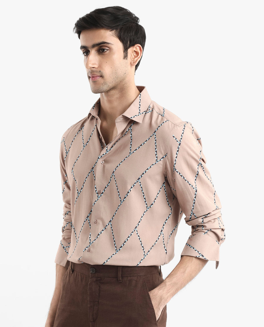 Rare Rabbit Men's Fenney Ls Brown Viscose Geometric Print Regular Fit Full Sleeve Collared Shirt