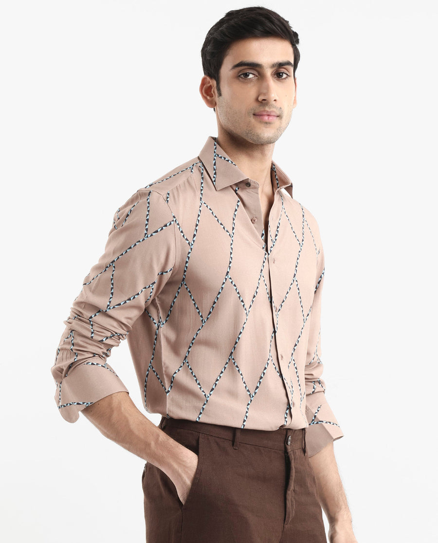 Rare Rabbit Men's Fenney Ls Brown Viscose Geometric Print Regular Fit Full Sleeve Collared Shirt