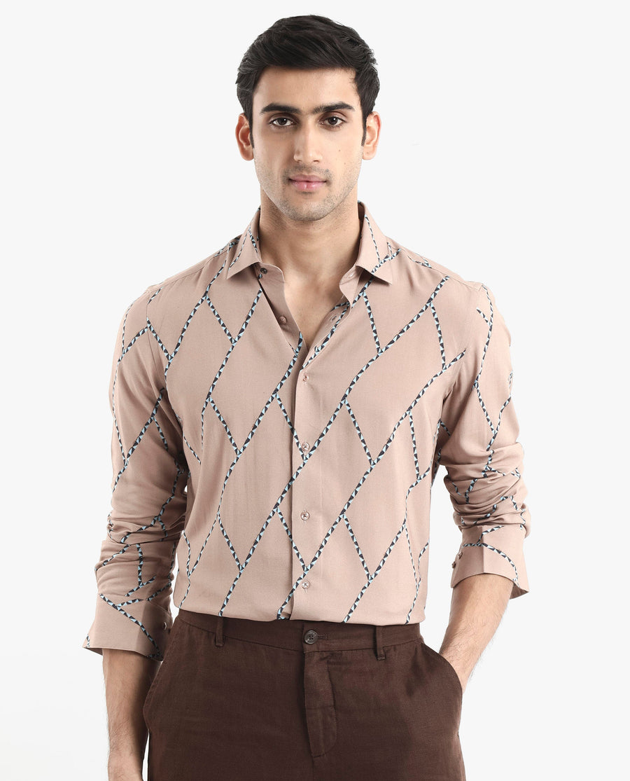 Rare Rabbit Men's Fenney Ls Brown Viscose Geometric Print Regular Fit Full Sleeve Collared Shirt