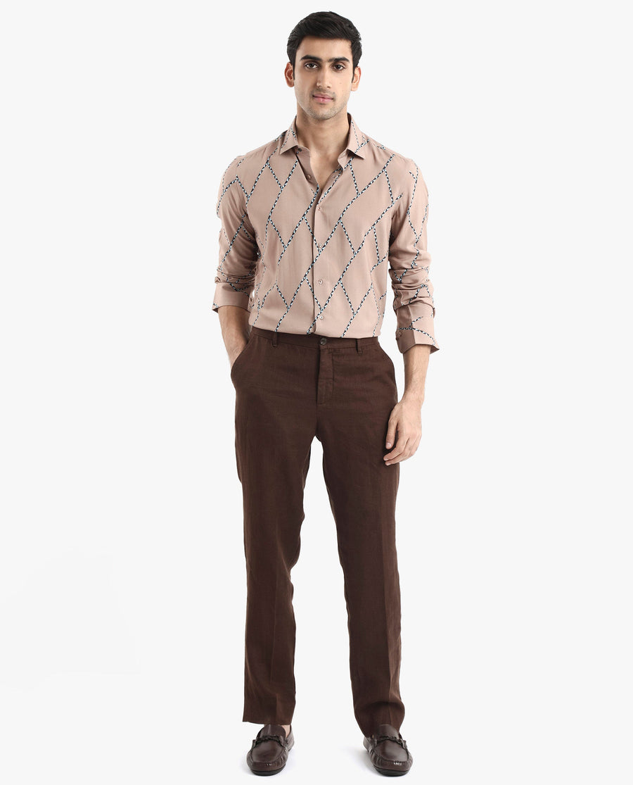 Rare Rabbit Men's Fenney Ls Brown Viscose Geometric Print Regular Fit Full Sleeve Collared Shirt
