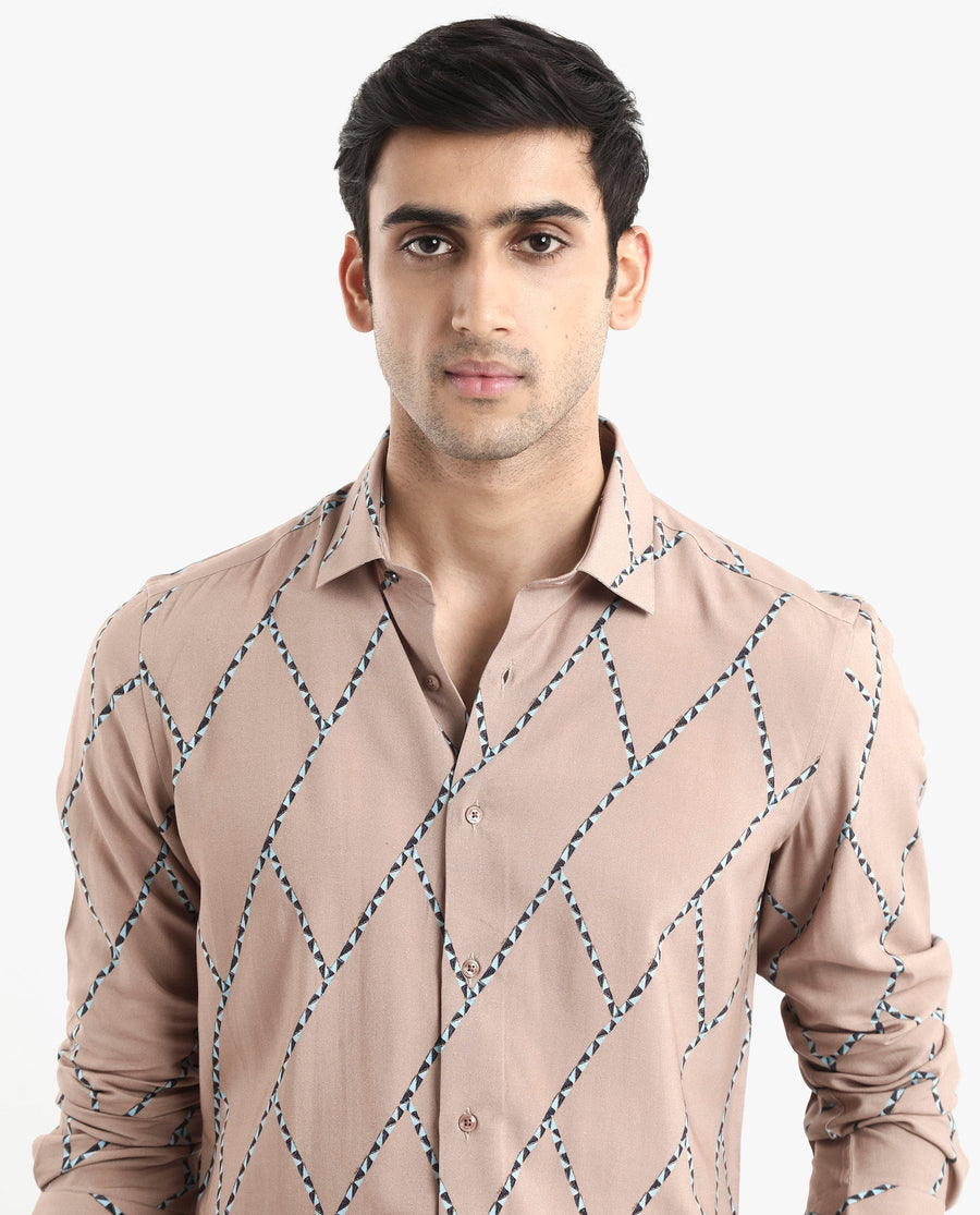 Rare Rabbit Men's Fenney Ls Brown Viscose Geometric Print Regular Fit Full Sleeve Collared Shirt