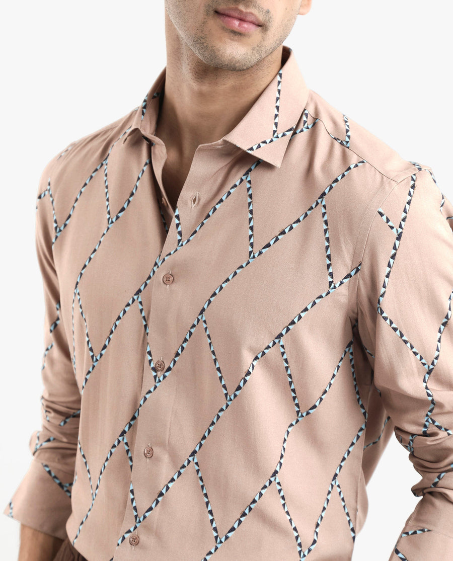 Rare Rabbit Men's Fenney Ls Brown Viscose Geometric Print Regular Fit Full Sleeve Collared Shirt