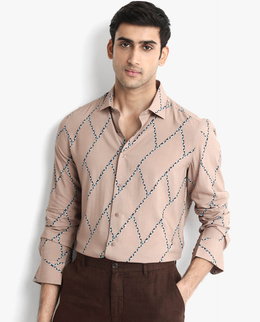 Rare Rabbit Men's Fenney Ls Brown Viscose Geometric Print Regular Fit Full Sleeve Collared Shirt