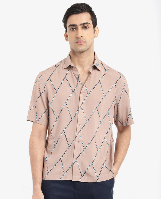 Rare Rabbit Men's Fenney Ss Brown Viscose Geometric Print Boxy Fit Half Sleeve Collared Shirt