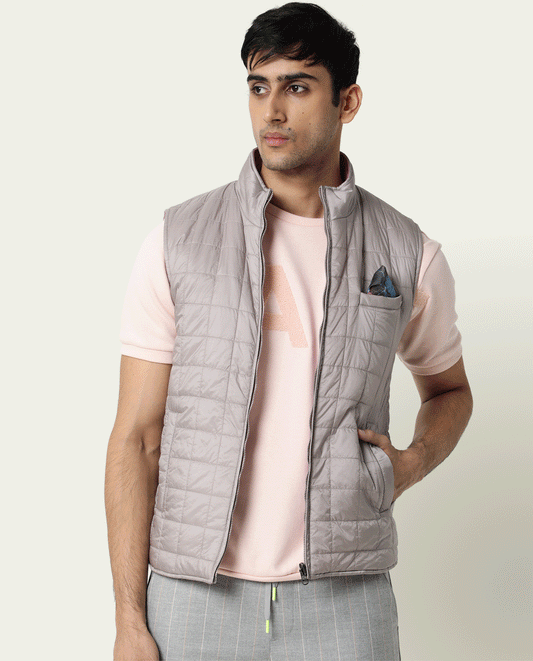 Rare Rabbit Men's Fillex Silver Nylon Plain Regular Fit Sleeveless Mandarin Collar Jacket