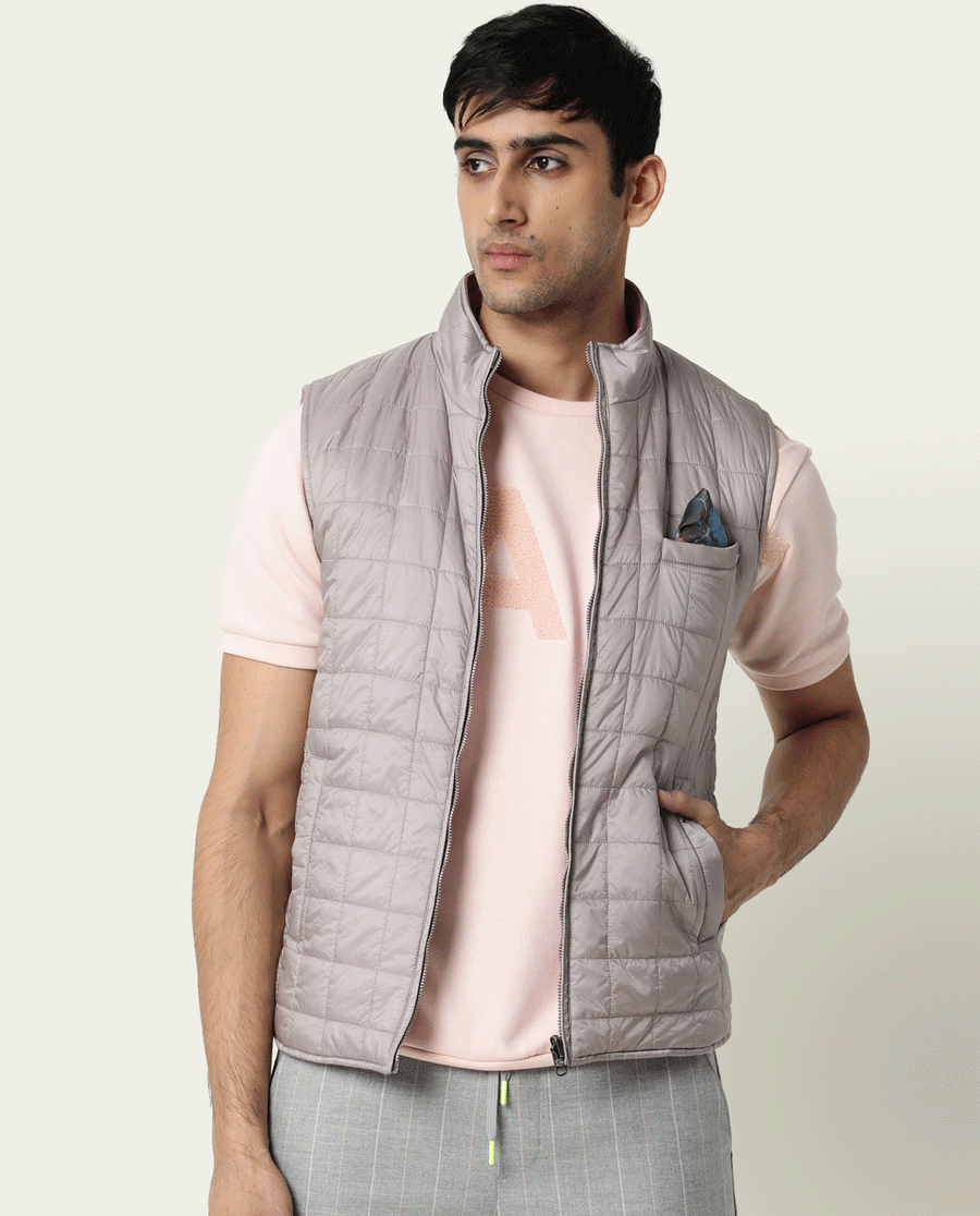 Rare Rabbit Men's Fillex Silver Nylon Plain Regular Fit Sleeveless Mandarin Collar Jacket