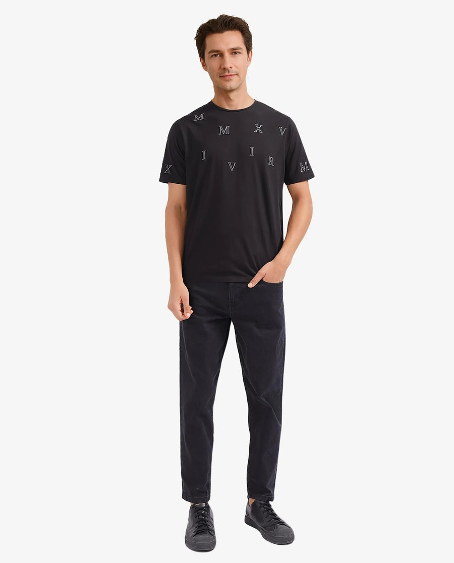 Rare Rabbit Men's Fin Black Graphic Print Regular Fit Half Sleeve Crew Neck T-Shirt
