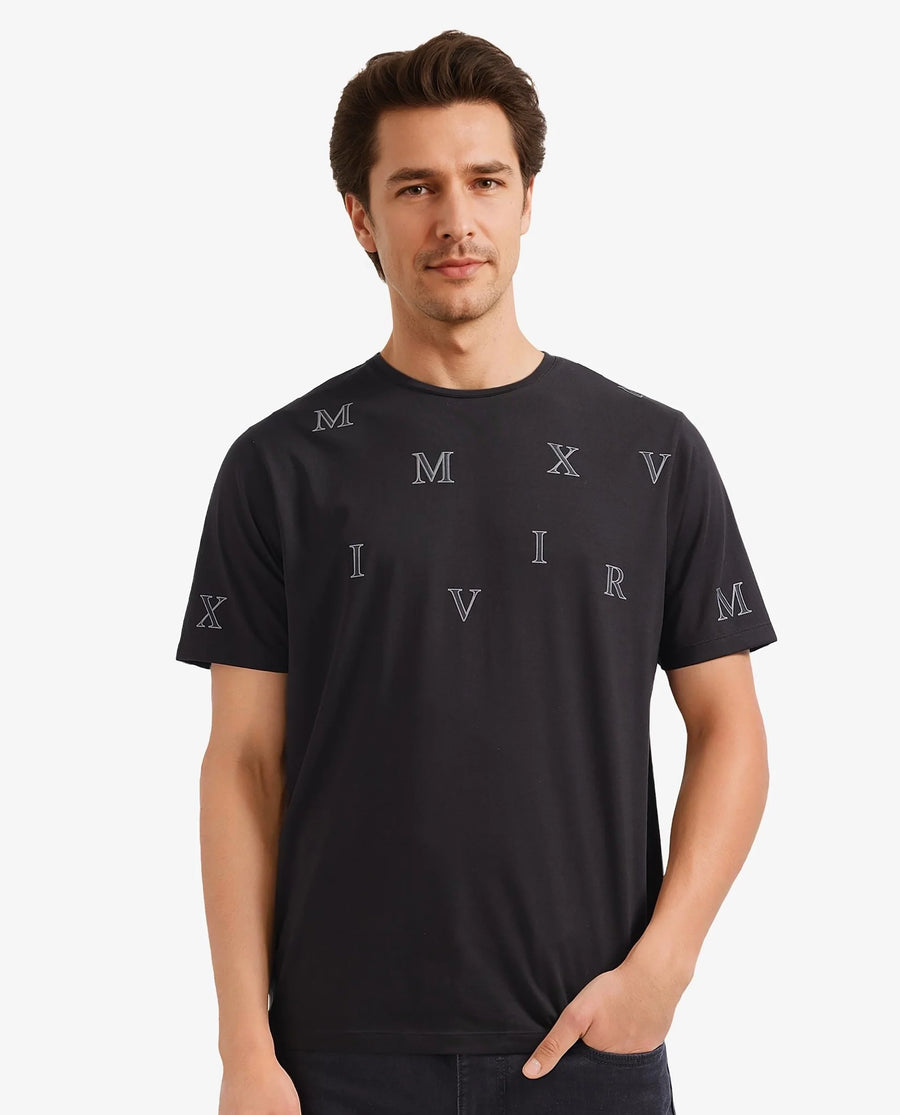 Rare Rabbit Men's Fin Black Graphic Print Regular Fit Half Sleeve Crew Neck T-Shirt