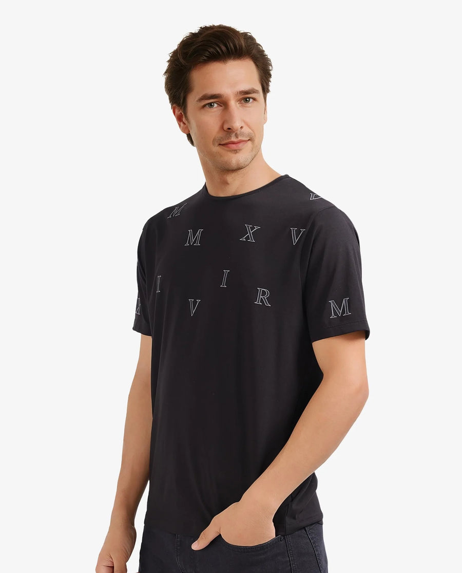 Rare Rabbit Men's Fin Black Graphic Print Regular Fit Half Sleeve Crew Neck T-Shirt
