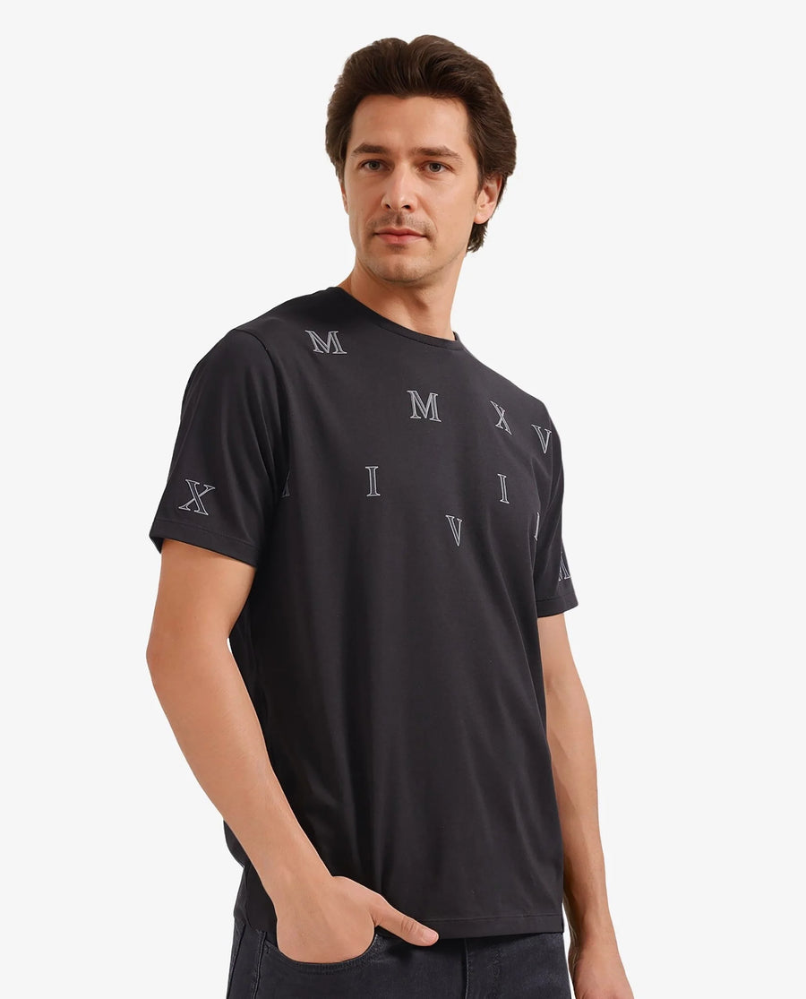 Rare Rabbit Men's Fin Black Graphic Print Regular Fit Half Sleeve Crew Neck T-Shirt