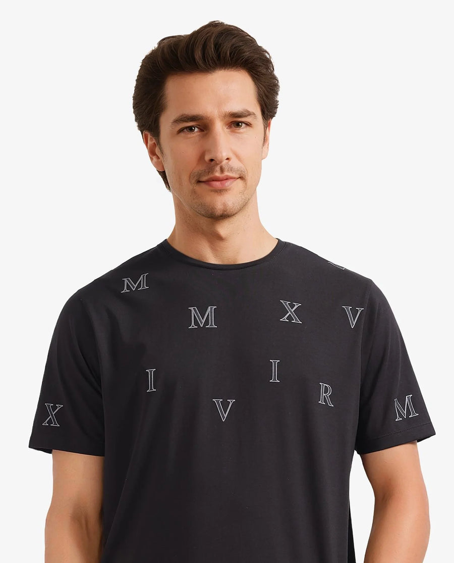 Rare Rabbit Men's Fin Black Graphic Print Regular Fit Half Sleeve Crew Neck T-Shirt