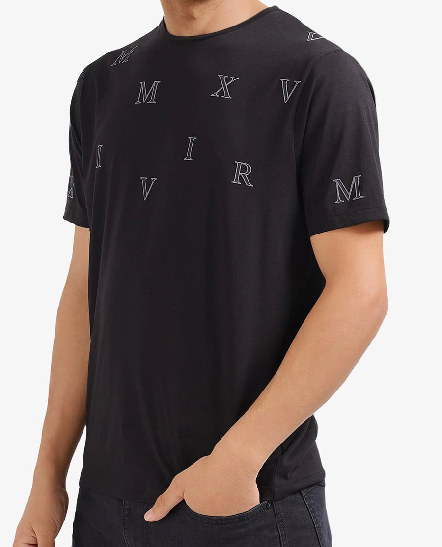 Rare Rabbit Men's Fin Black Graphic Print Regular Fit Half Sleeve Crew Neck T-Shirt