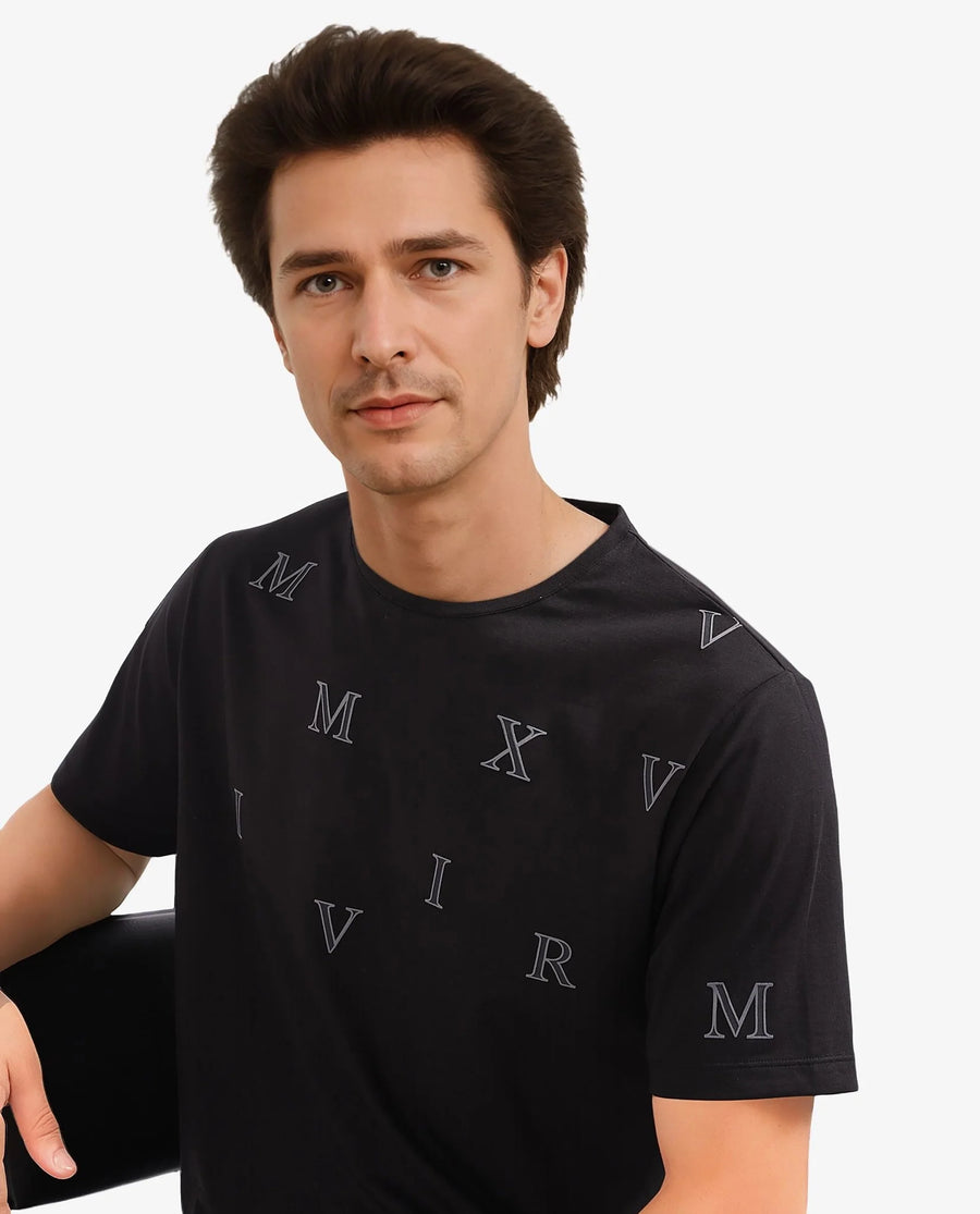 Rare Rabbit Men's Fin Black Graphic Print Regular Fit Half Sleeve Crew Neck T-Shirt