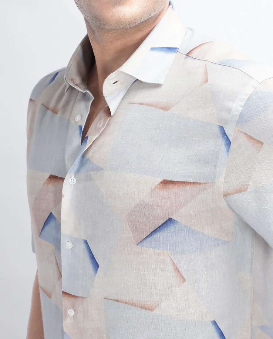 Rare Rabbit Men's Fing Beige Cotton Abstract Print Regular Fit Half Sleeve Collared Shirt