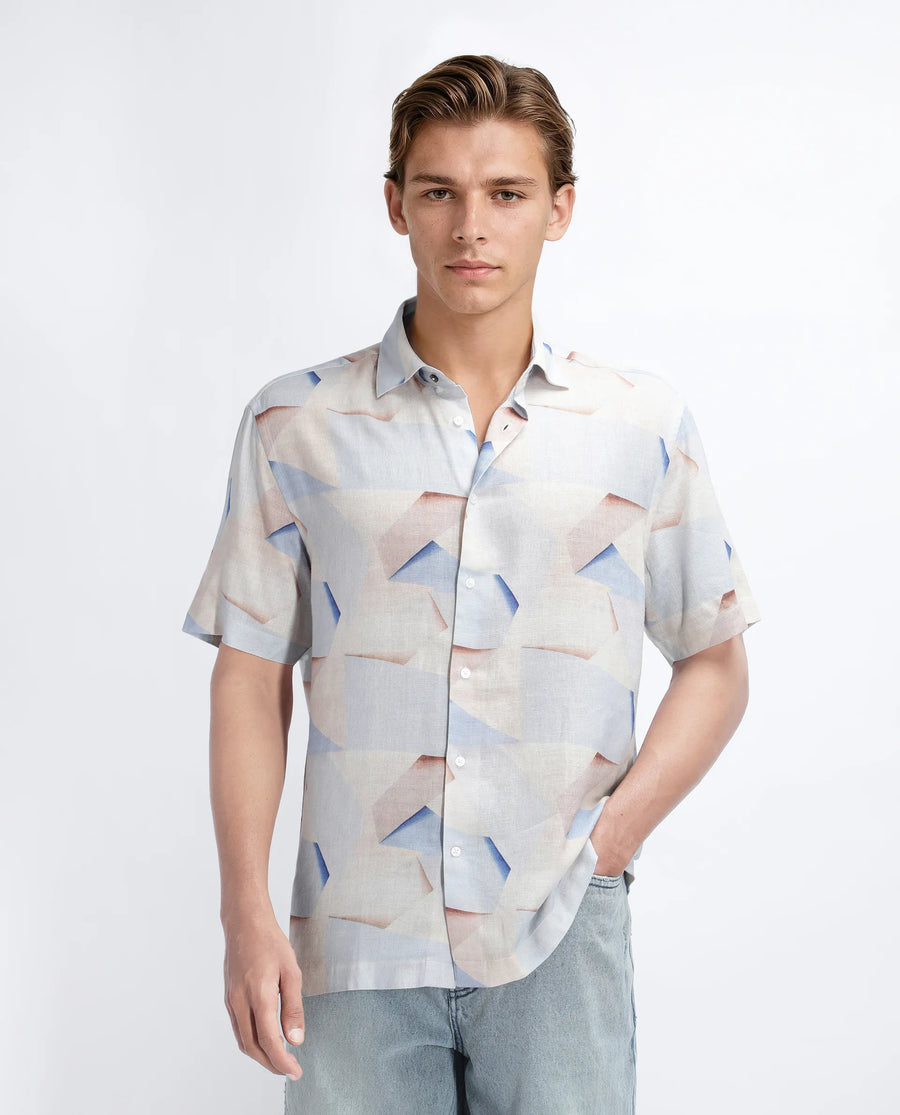 Rare Rabbit Men's Fing Beige Cotton Abstract Print Regular Fit Half Sleeve Collared Shirt
