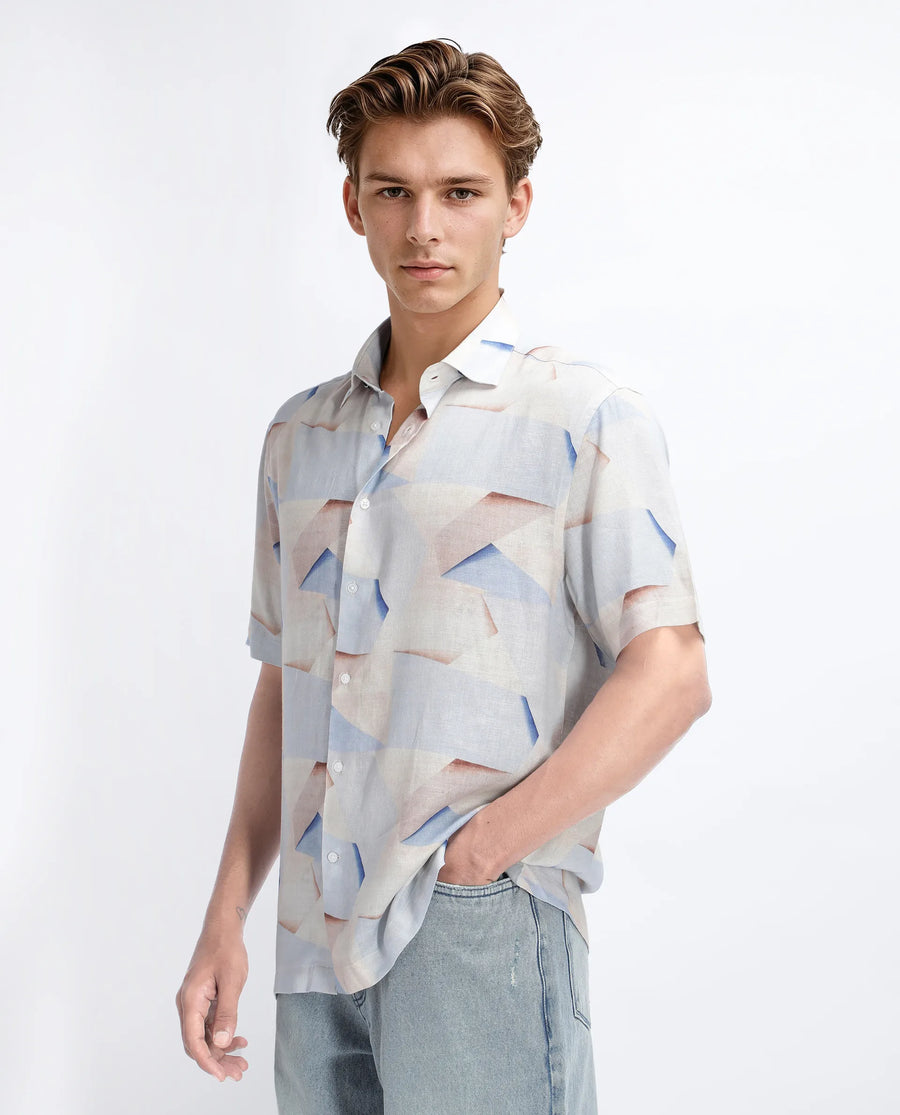 Rare Rabbit Men's Fing Beige Cotton Abstract Print Regular Fit Half Sleeve Collared Shirt