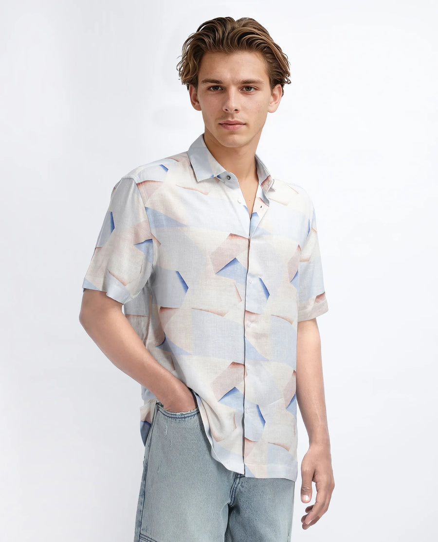 Rare Rabbit Men's Fing Beige Cotton Abstract Print Regular Fit Half Sleeve Collared Shirt