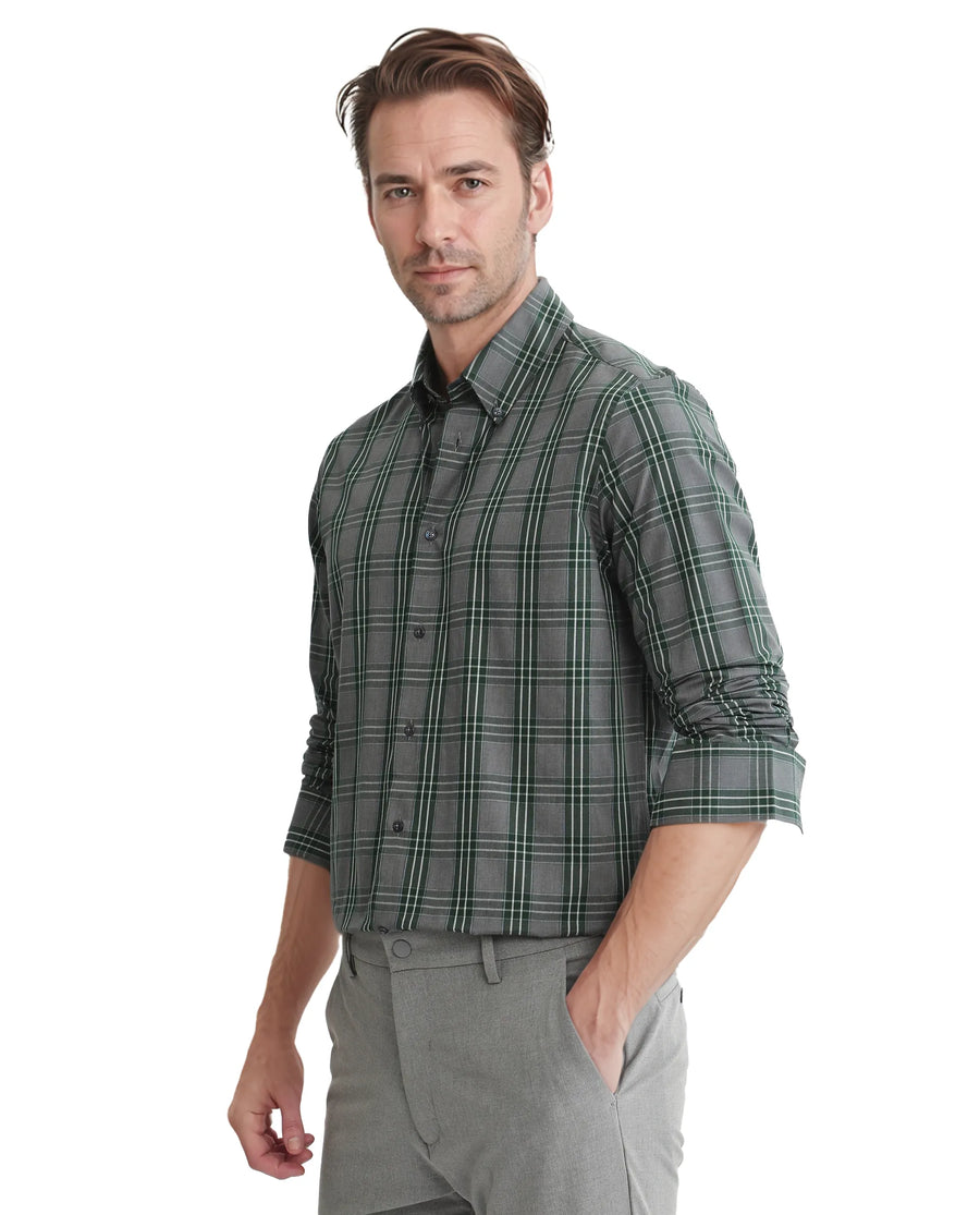 Rare Rabbit Men's Finster Green Cotton Checked Print Regular Fit Full Sleeve Button-Down Collar Shirt