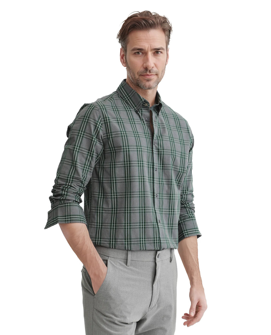 Rare Rabbit Men's Finster Green Cotton Checked Print Regular Fit Full Sleeve Button-Down Collar Shirt