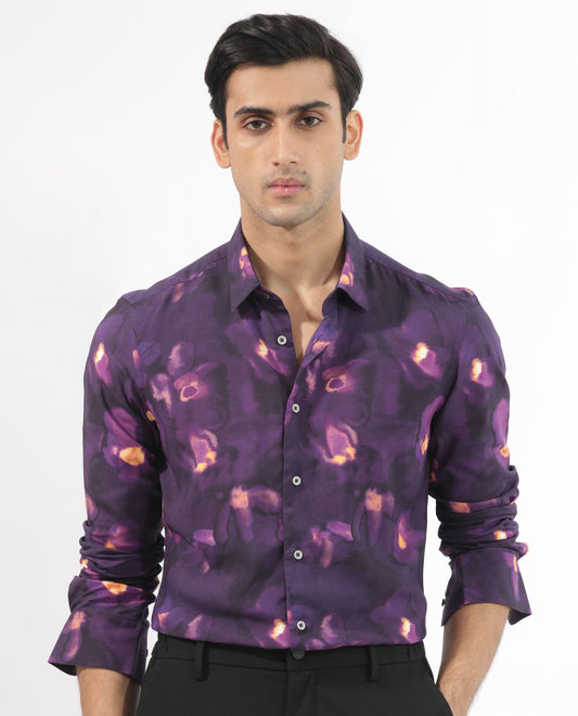 Rare Rabbit Men's Flage Purple Viscose Floral Print Regular Fit Full Sleeve Collared Shirt