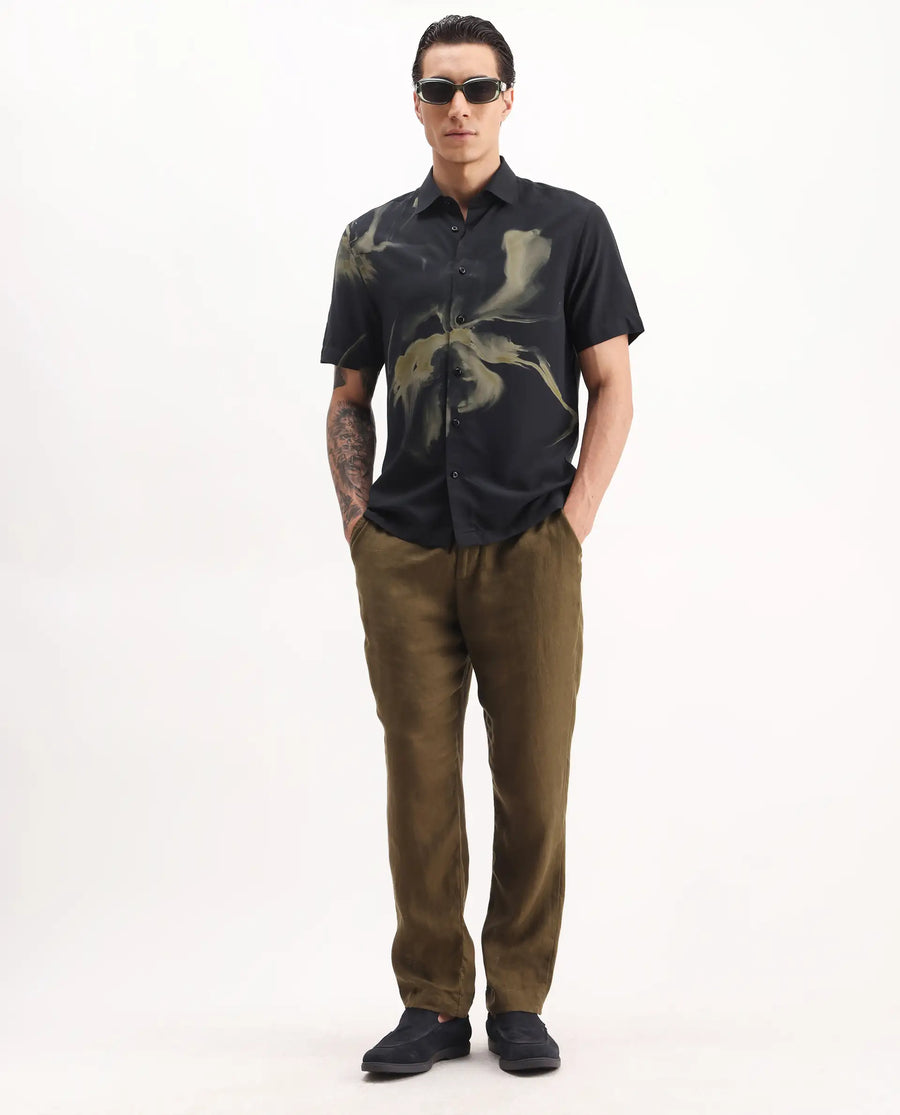 Rare Rabbit Men's Flara Black Viscose Floral Print Regular Fit Half Sleeve Collared Shirt