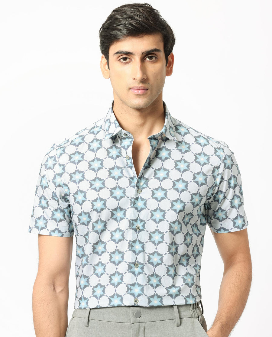 Rare Rabbit Men's Flaret Grey Cotton Floral Print Regular Fit Half Sleeve Collared Shirt