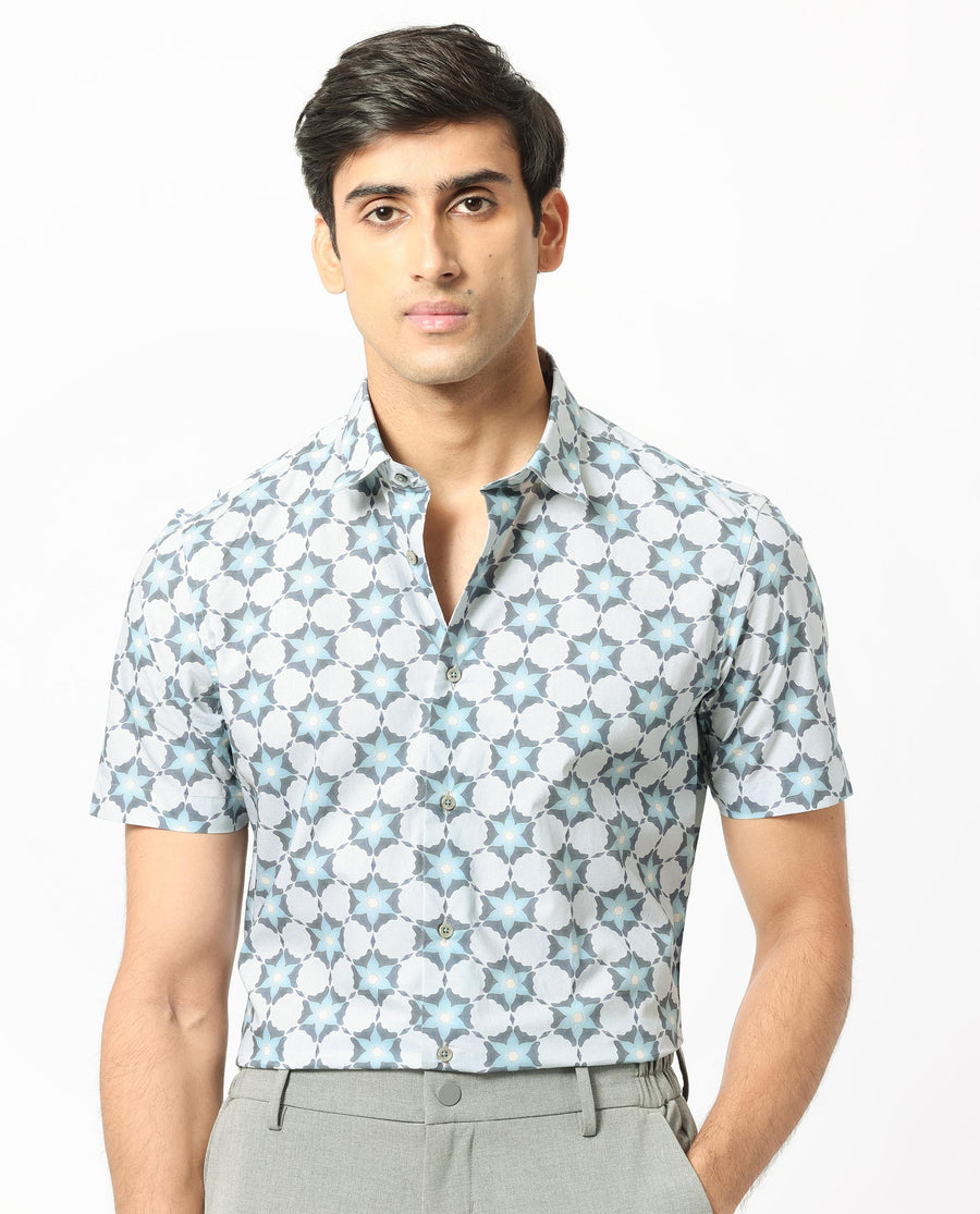 Rare Rabbit Men's Flaret Grey Cotton Floral Print Regular Fit Half Sleeve Collared Shirt