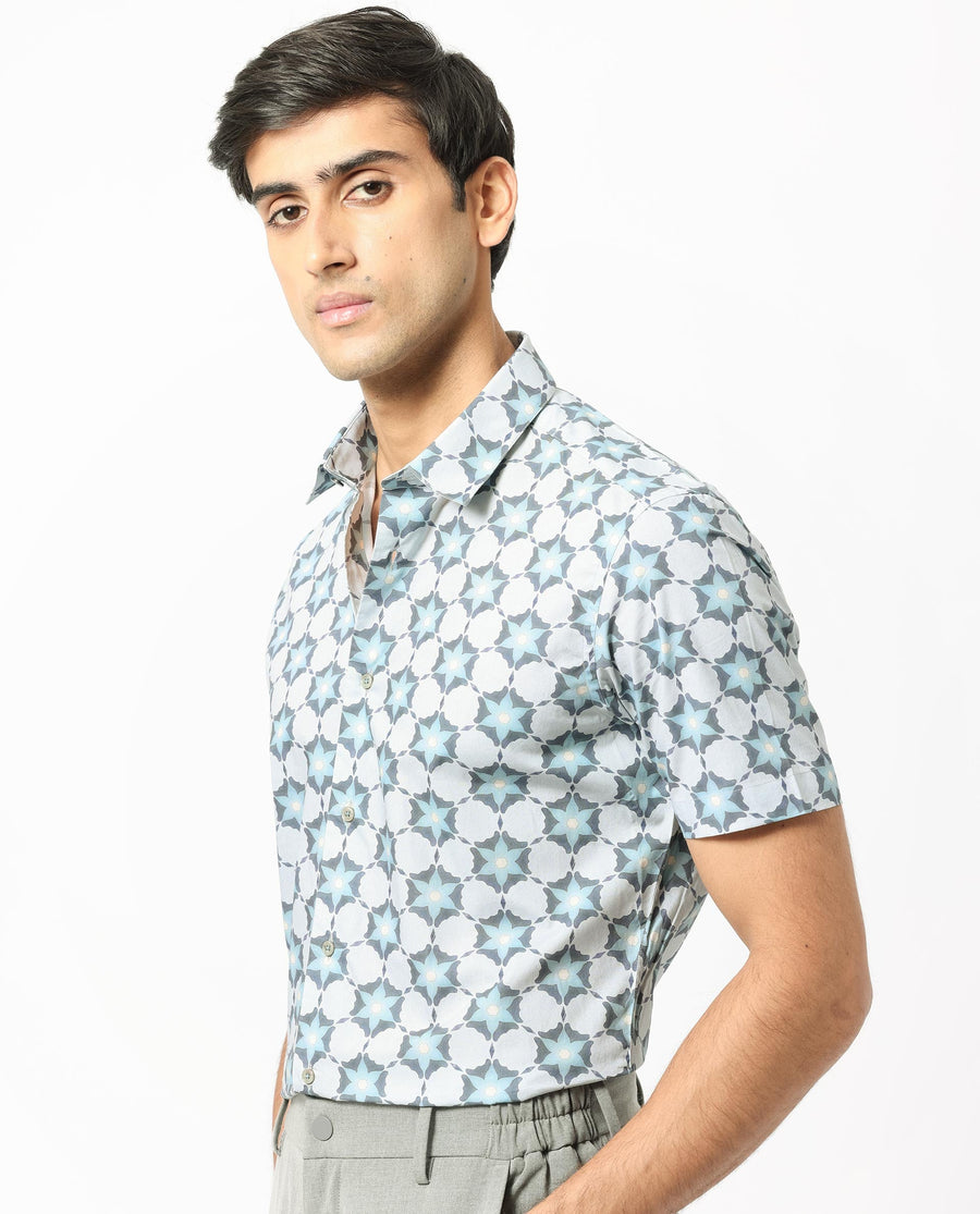 Rare Rabbit Men's Flaret Grey Cotton Floral Print Regular Fit Half Sleeve Collared Shirt