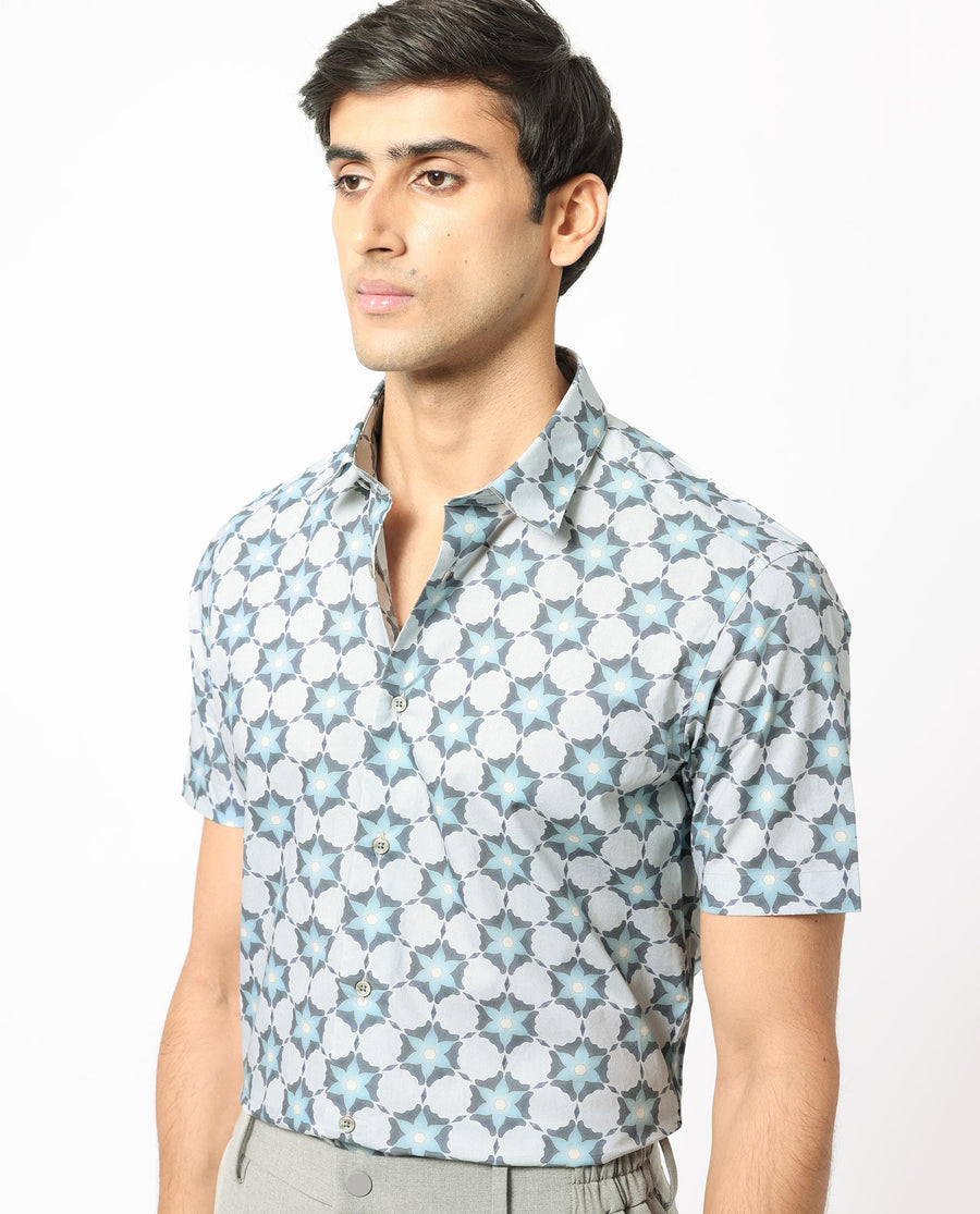 Rare Rabbit Men's Flaret Grey Cotton Floral Print Regular Fit Half Sleeve Collared Shirt