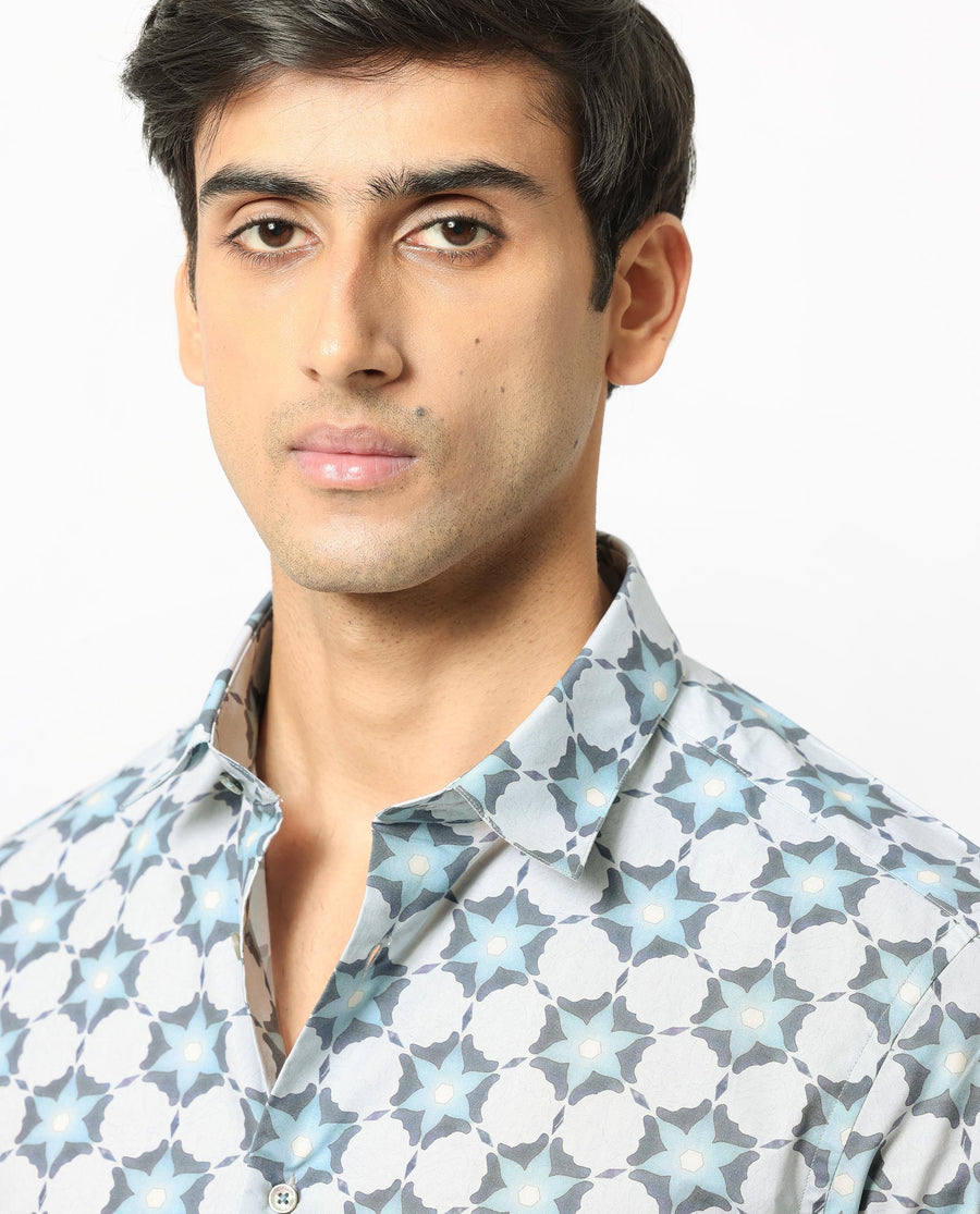 Rare Rabbit Men's Flaret Grey Cotton Floral Print Regular Fit Half Sleeve Collared Shirt