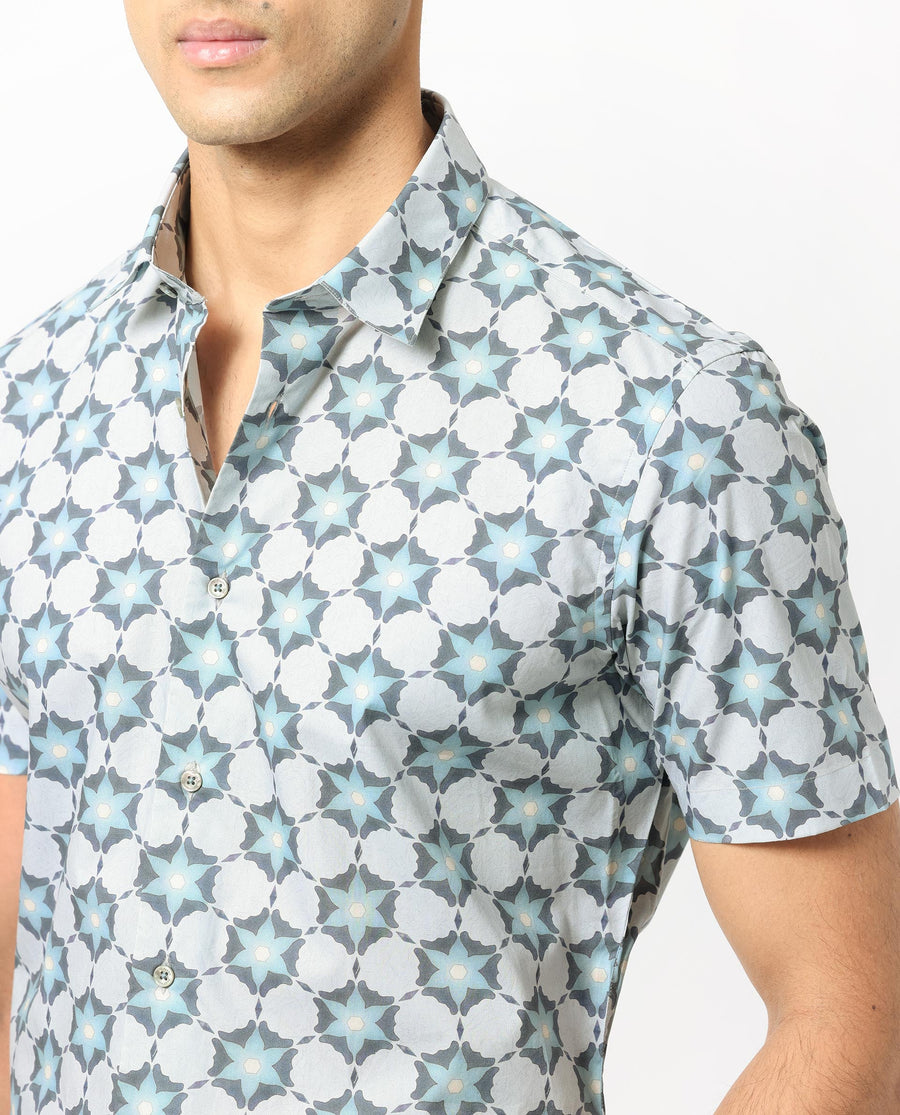 Rare Rabbit Men's Flaret Grey Cotton Floral Print Regular Fit Half Sleeve Collared Shirt