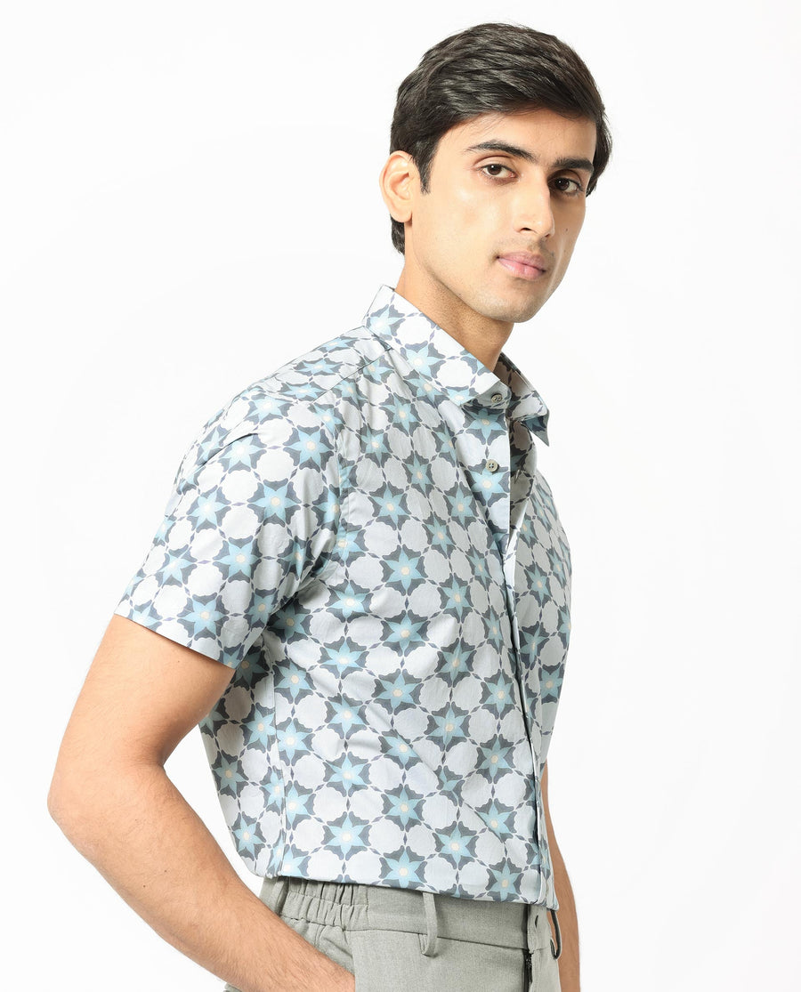 Rare Rabbit Men's Flaret Grey Cotton Floral Print Regular Fit Half Sleeve Collared Shirt