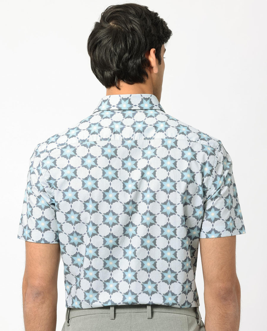 Rare Rabbit Men's Flaret Grey Cotton Floral Print Regular Fit Half Sleeve Collared Shirt