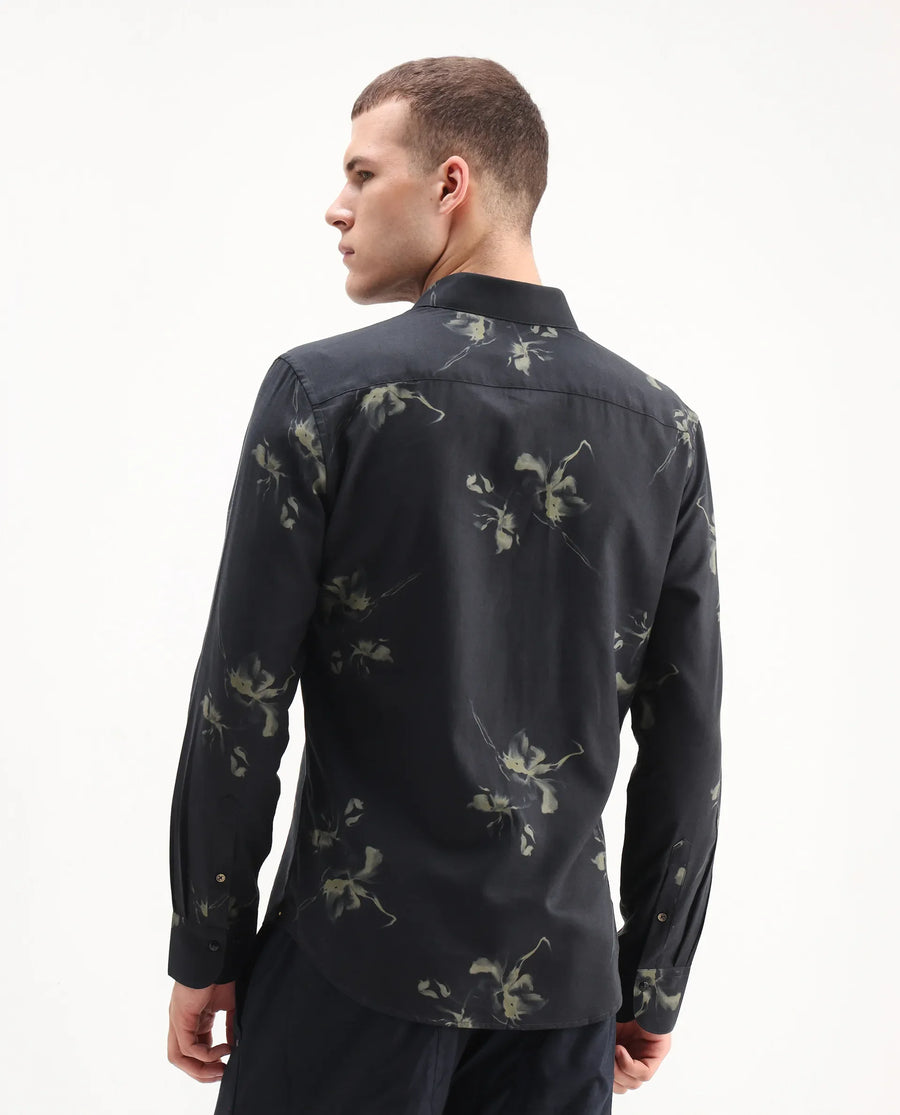 Rare Rabbit Men's Flaro Black Viscose Floral Print Regular Fit Full Sleeve Collared Shirt