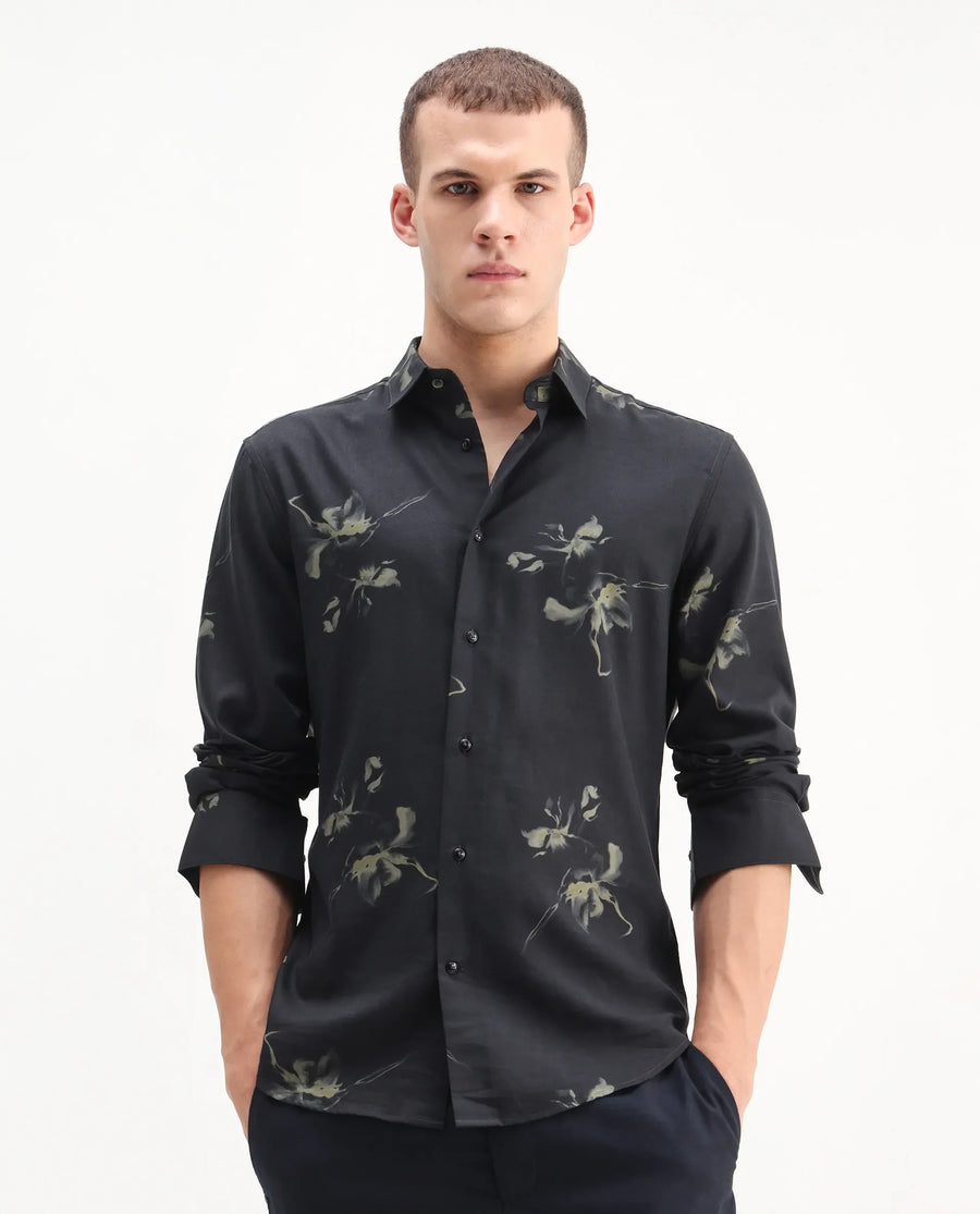 Rare Rabbit Men's Flaro Black Viscose Floral Print Regular Fit Full Sleeve Collared Shirt