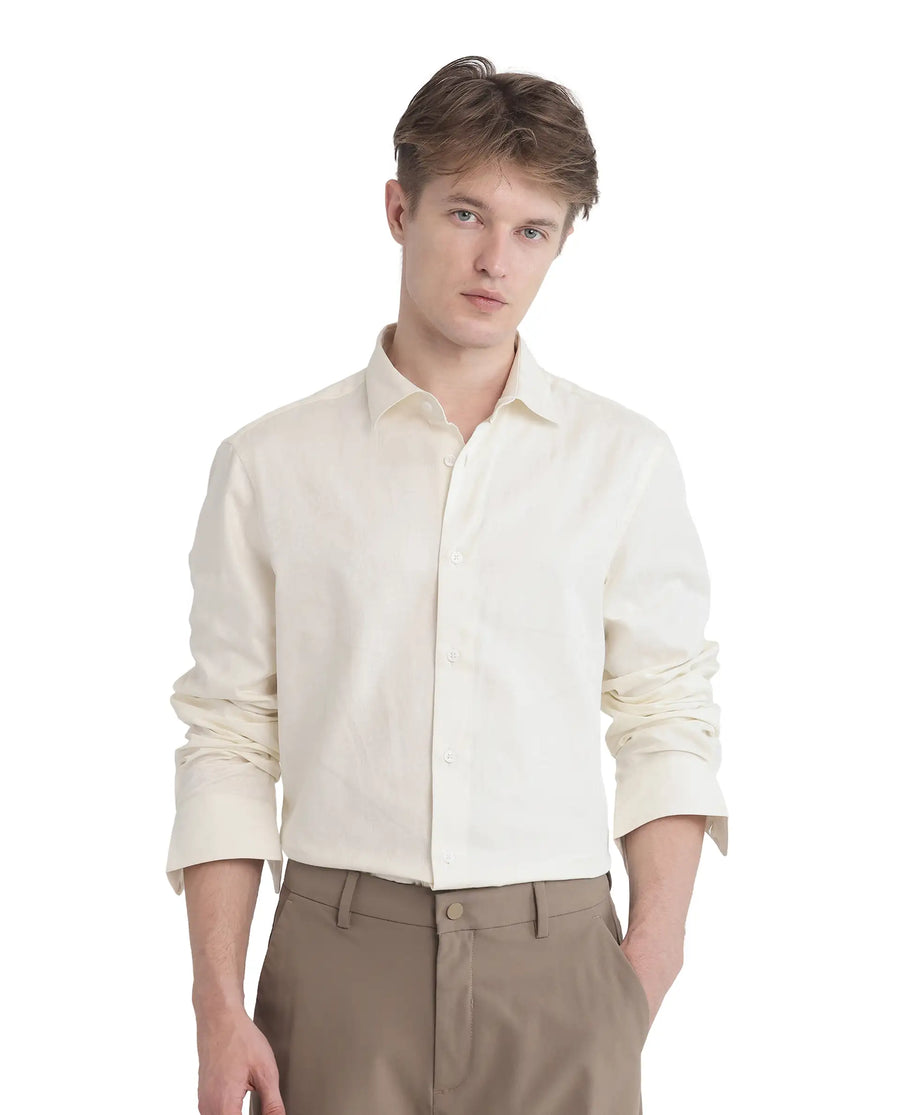 Rare Rabbit Men's Flarp Off White Cotton Blend Regular Fit Full Sleeve Collared Shirt