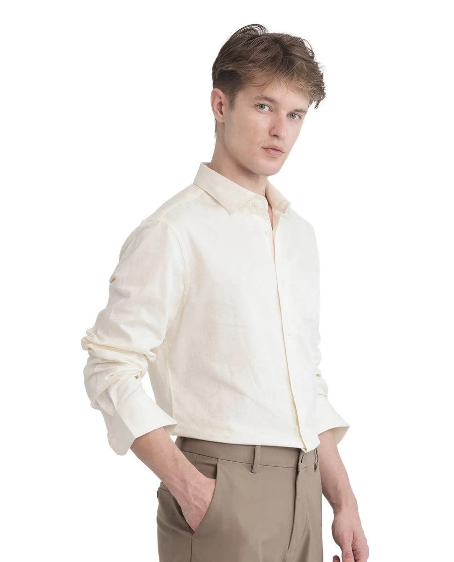 Rare Rabbit Men's Flarp Off White Cotton Blend Regular Fit Full Sleeve Collared Shirt