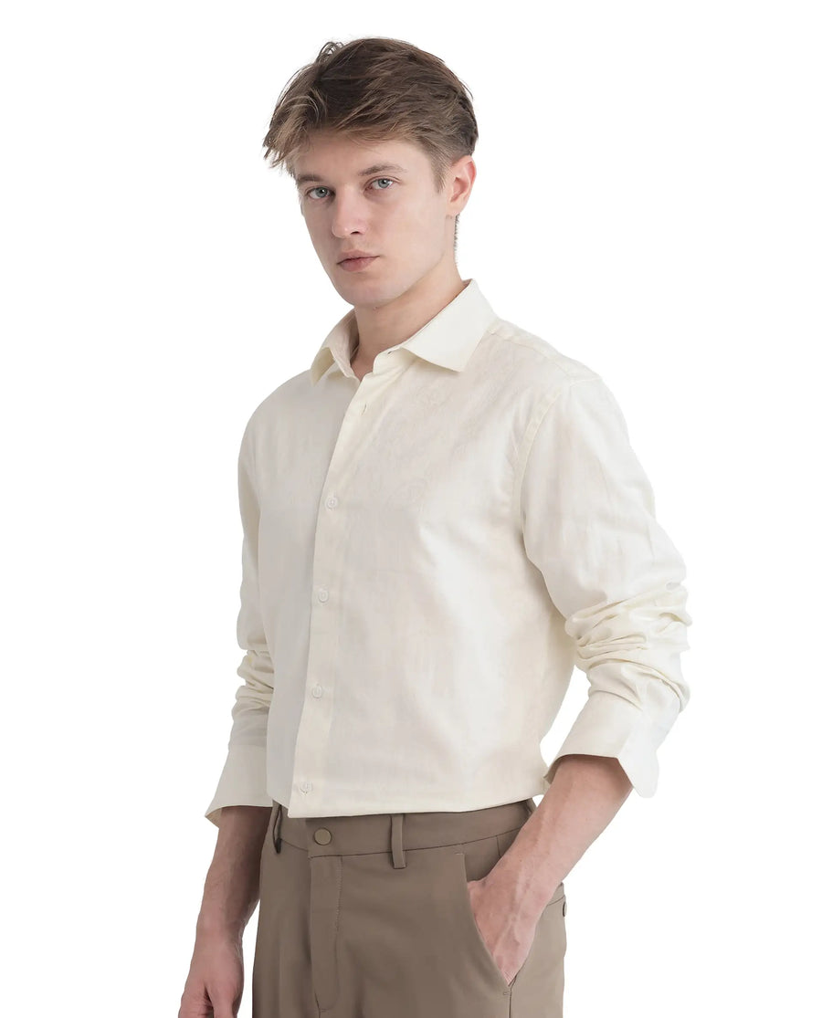 Rare Rabbit Men's Flarp Off White Cotton Blend Regular Fit Full Sleeve Collared Shirt