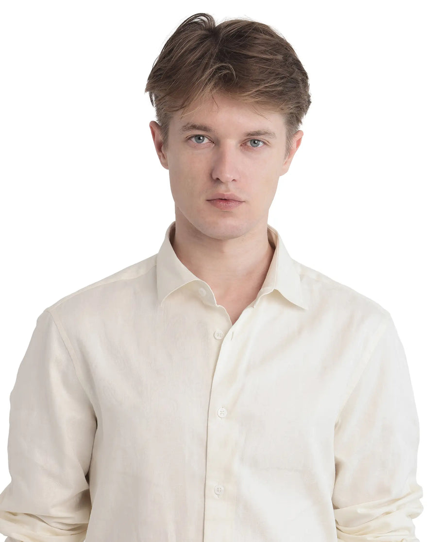 Rare Rabbit Men's Flarp Off White Cotton Blend Regular Fit Full Sleeve Collared Shirt