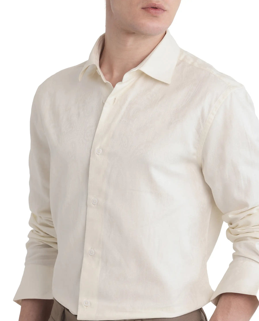 Rare Rabbit Men's Flarp Off White Cotton Blend Regular Fit Full Sleeve Collared Shirt