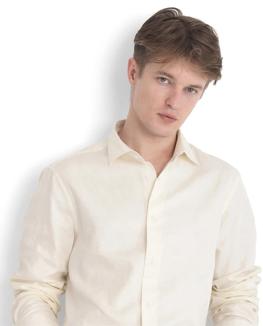 Rare Rabbit Men's Flarp Off White Cotton Blend Regular Fit Full Sleeve Collared Shirt