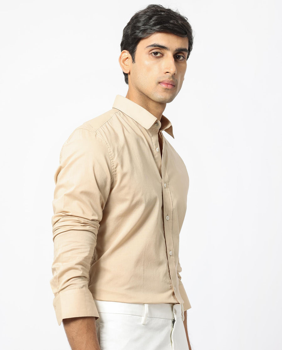 Rare Rabbit Men's Flees Beige Cotton Plain Regular Fit Full Sleeve Collared Shirt