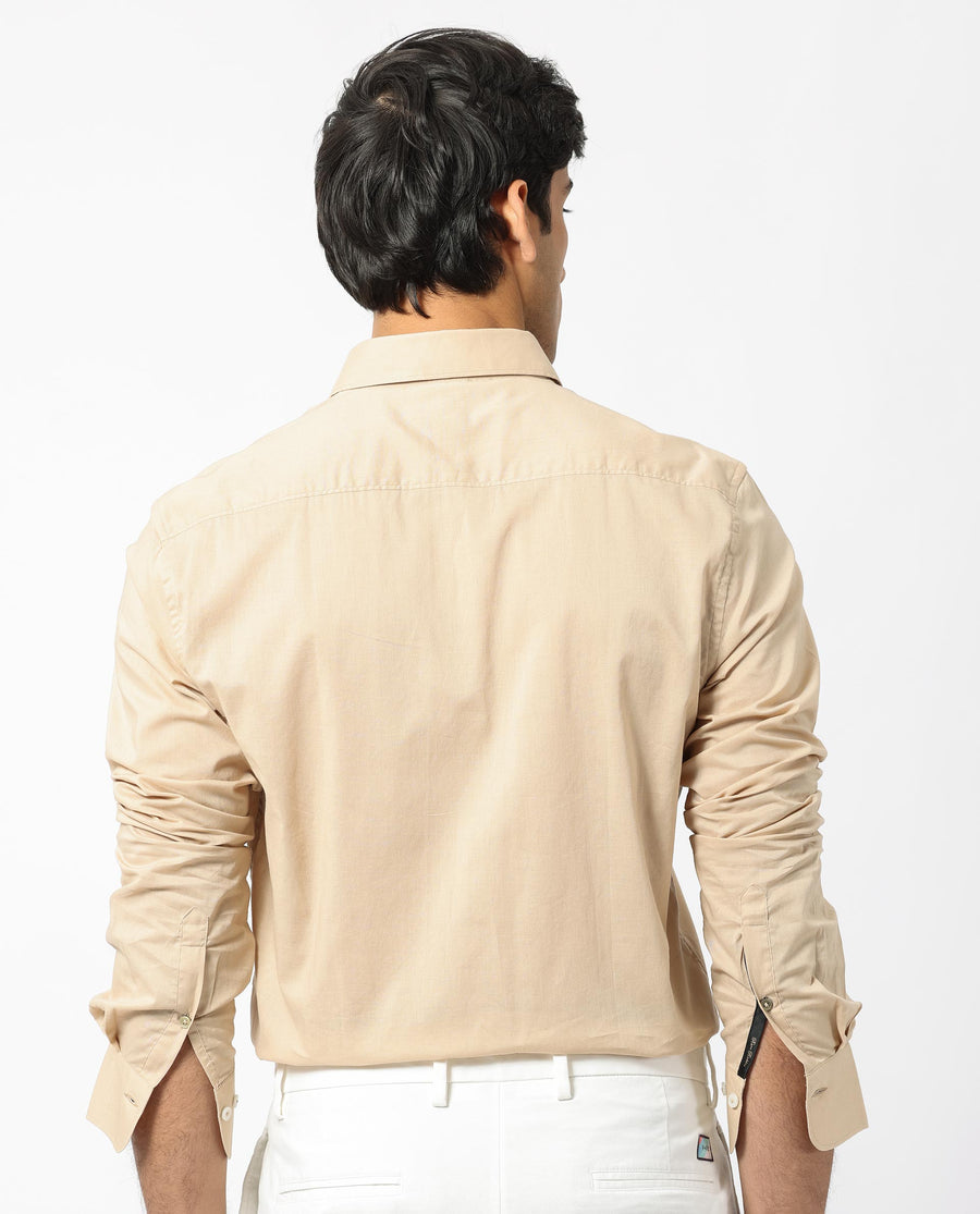 Rare Rabbit Men's Flees Beige Cotton Plain Regular Fit Full Sleeve Collared Shirt