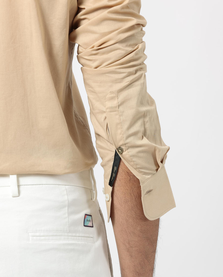 Rare Rabbit Men's Flees Beige Cotton Plain Regular Fit Full Sleeve Collared Shirt
